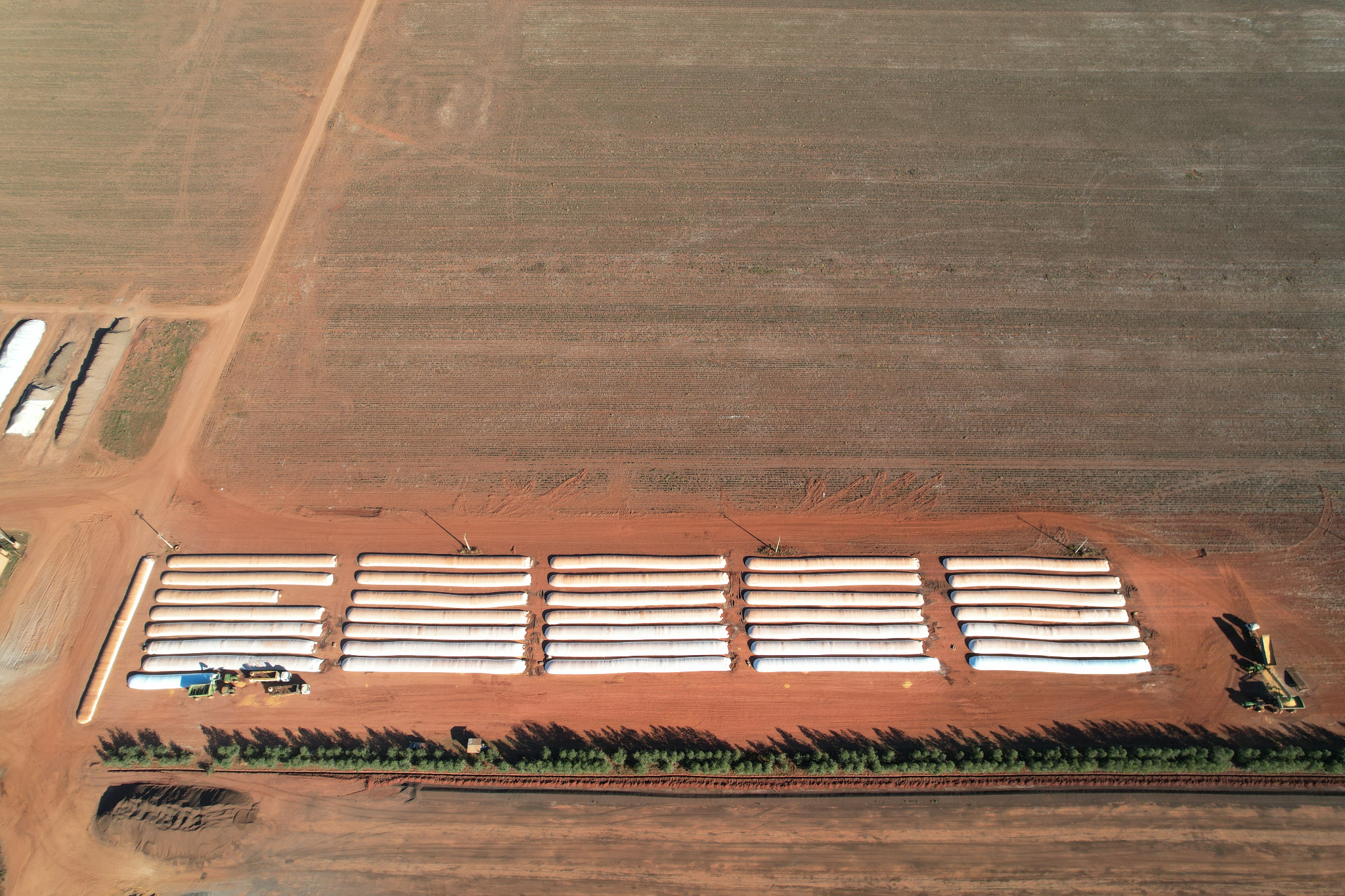 Grande conjunto de silo-bolsas em vista aérea